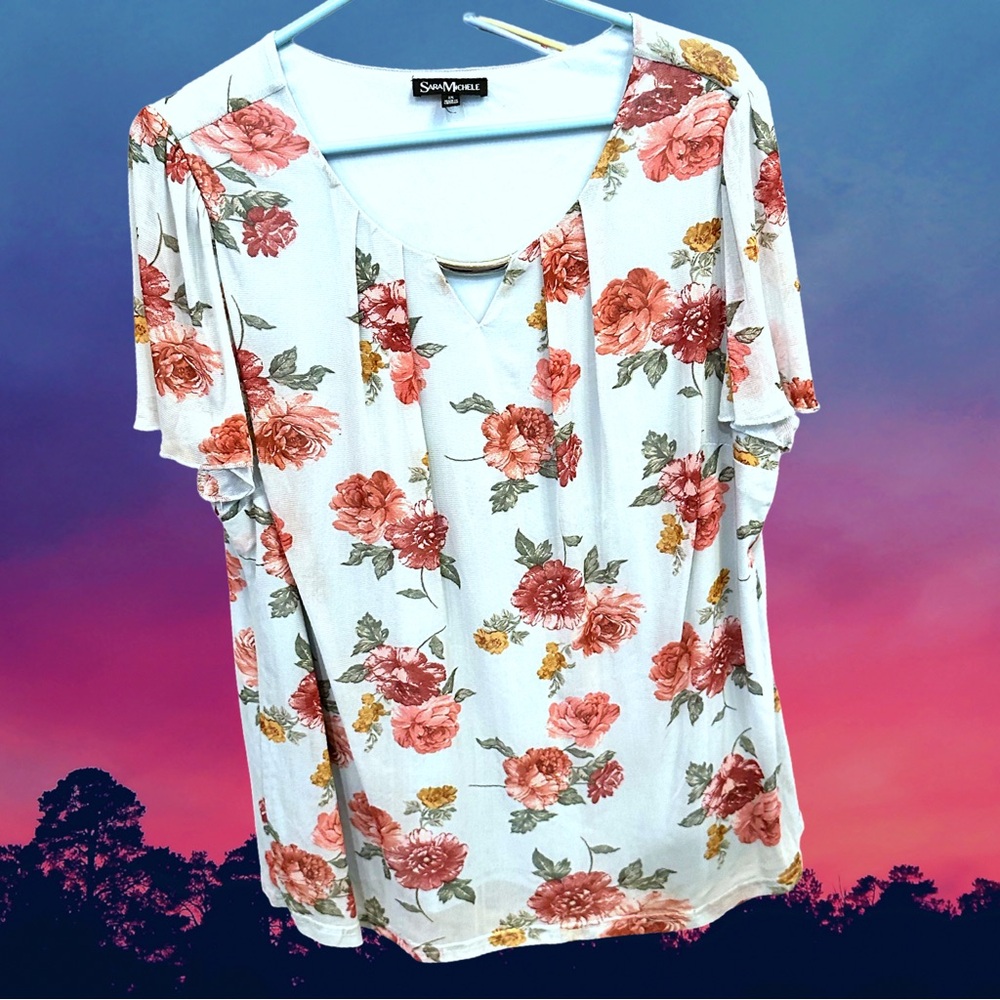 Sara Michelle Women’s plus-size Baby Blue Floral Flutter-sleeve Blouse❤️❤️2X